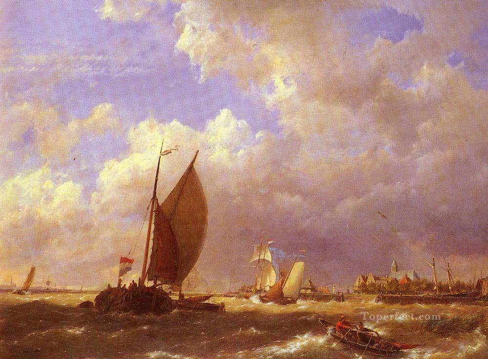 Dommelshuizen Cornelis Christiaan un muelle iluminado por el sol Hermanus Snr Koekkoek barco marino Pintura al óleo